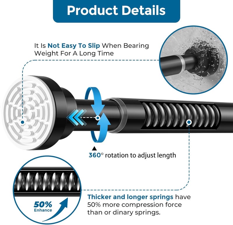 AIZESI Black Tension Curtain Rod 32-64 Inch Spring Loaded Curtain Rods No Drilling Spring Tension Rod Adjustable Curtain Rods for Window Doorway Bathroom Kitchen Closet, 7/8" Diameter - Image 3